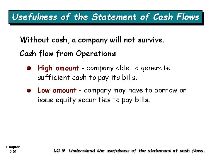 Usefulness of the Statement of Cash Flows Without cash, a company will not survive.