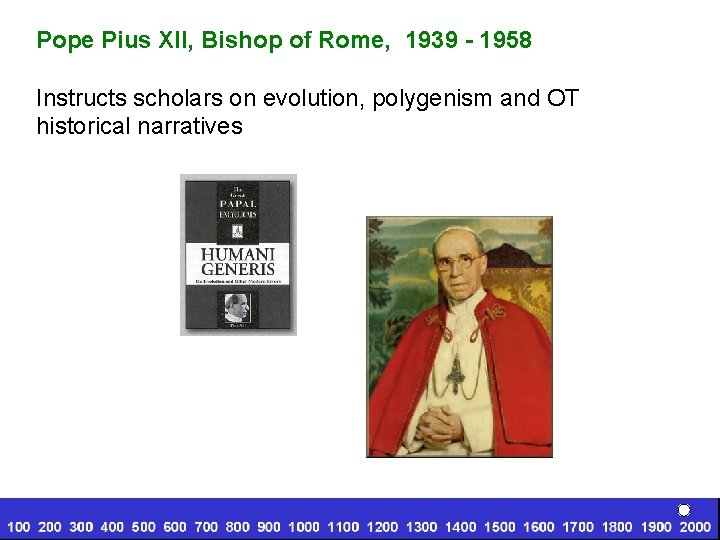 Pope Pius XII, Bishop of Rome, 1939 - 1958 Instructs scholars on evolution, polygenism