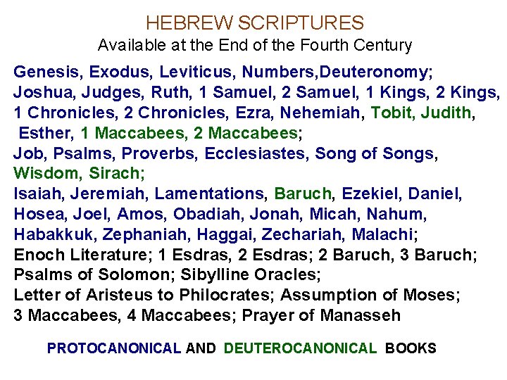 HEBREW SCRIPTURES Available at the End of the Fourth Century Genesis, Exodus, Leviticus, Numbers,