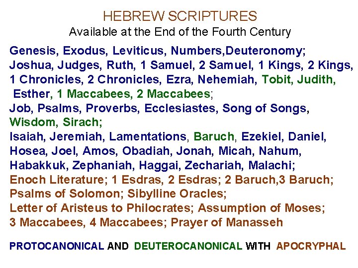 HEBREW SCRIPTURES Available at the End of the Fourth Century Genesis, Exodus, Leviticus, Numbers,