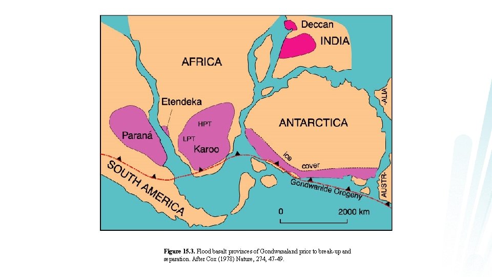 Figure 15. 3. Flood basalt provinces of Gondwanaland prior to break-up and separation. After