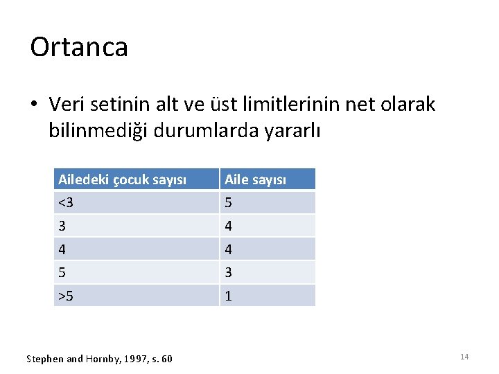 Ortanca • Veri setinin alt ve üst limitlerinin net olarak bilinmediği durumlarda yararlı Ailedeki