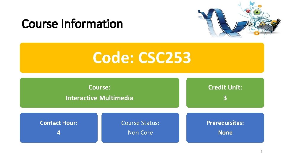Course Information Code: CSC 253 Course: Interactive Multimedia Contact Hour: 4 Course Status: Non