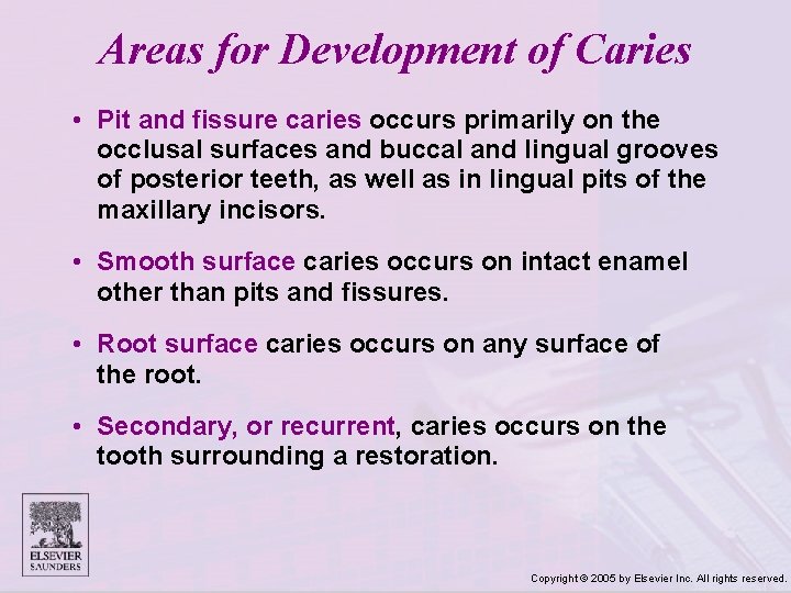 Areas for Development of Caries • Pit and fissure caries occurs primarily on the