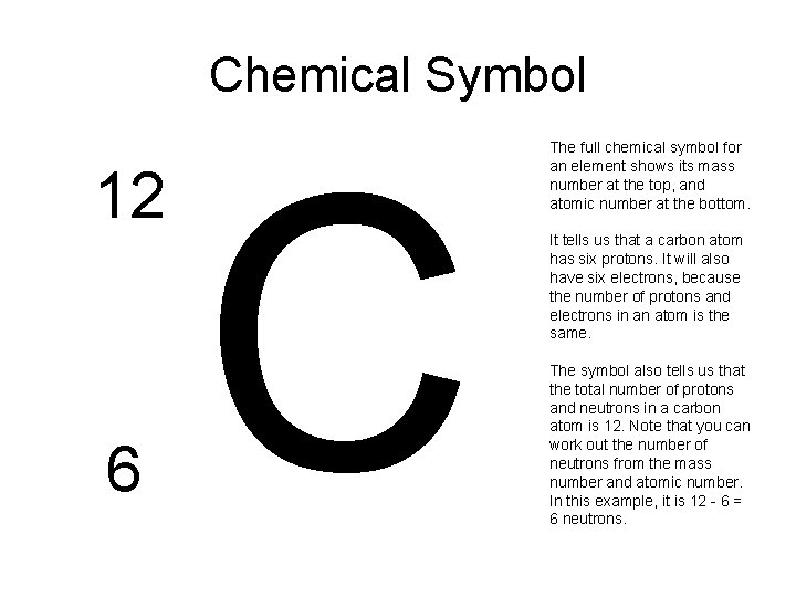 Chemical Symbol 12 6 C The full chemical symbol for an element shows its