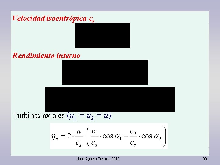 Velocidad isoentrópica cs Rendimiento interno Turbinas axiales (u 1 = u 2 = u):