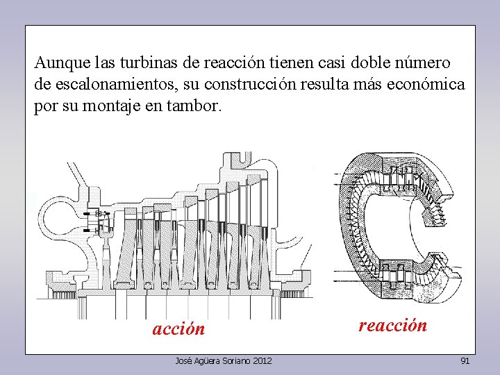 Aunque las turbinas de reacción tienen casi doble número de escalonamientos, su construcción resulta