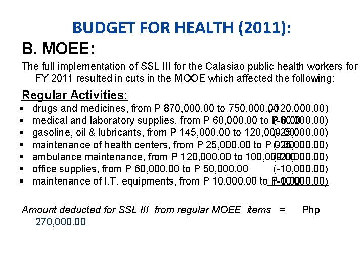 BUDGET FOR HEALTH (2011): B. MOEE: The full implementation of SSL III for the