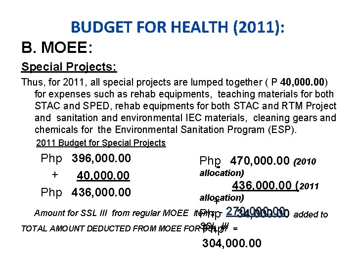 BUDGET FOR HEALTH (2011): B. MOEE: Special Projects: Thus, for 2011, all special projects