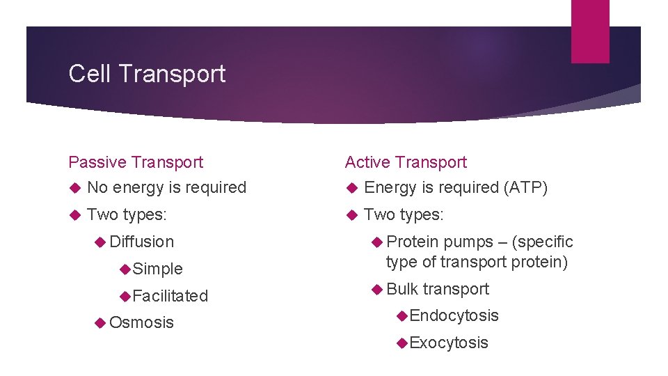 Cell Transport Passive Transport No energy is required Two types: Diffusion Simple Facilitated Osmosis