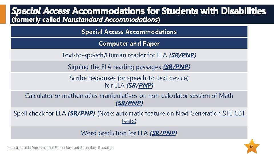 Special Access Accommodations for Students with Disabilities (formerly called Nonstandard Accommodations) Special Access Accommodations