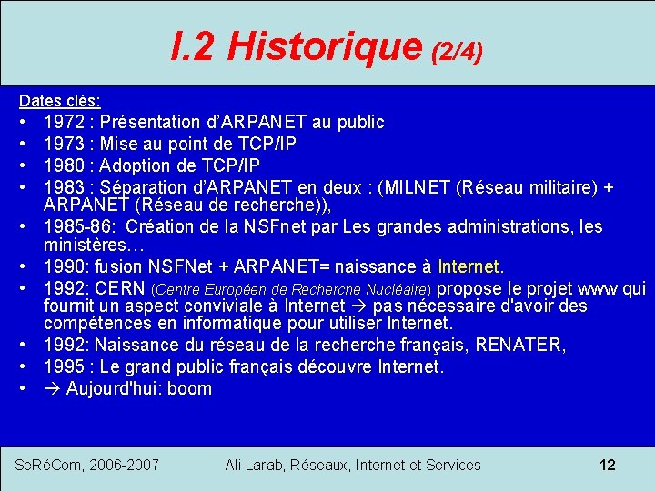 I. 2 Historique (2/4) Dates clés: • • • 1972 : Présentation d’ARPANET au