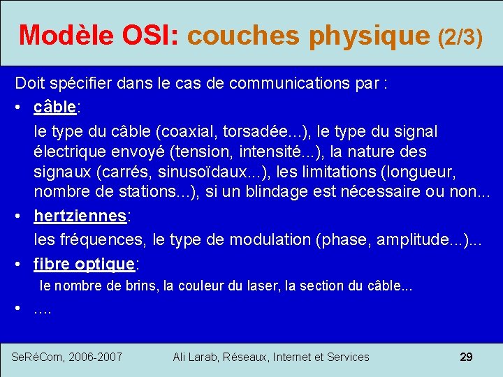 Modèle OSI: couches physique (2/3) Doit spécifier dans le cas de communications par :