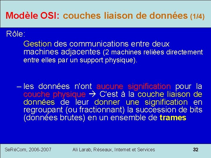 Modèle OSI: couches liaison de données (1/4) Rôle: Gestion des communications entre deux machines