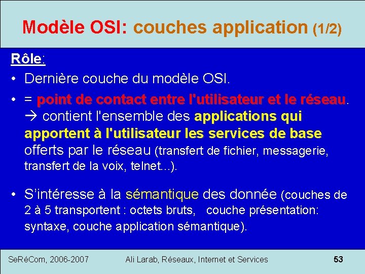 Modèle OSI: couches application (1/2) Rôle: • Dernière couche du modèle OSI. • =