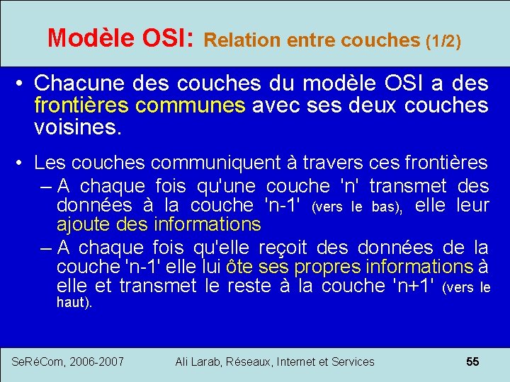 Modèle OSI: Relation entre couches (1/2) • Chacune des couches du modèle OSI a