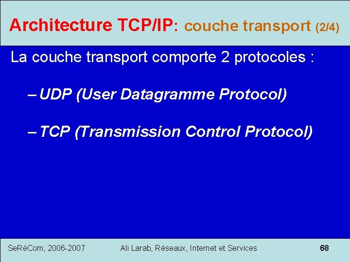 Architecture TCP/IP: couche transport (2/4) La couche transport comporte 2 protocoles : – UDP