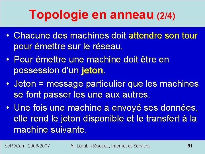 Topologie en anneau (2/4) • Chacune des machines doit attendre son tour pour émettre