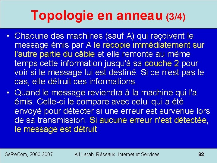 Topologie en anneau (3/4) • Chacune des machines (sauf A) qui reçoivent le message