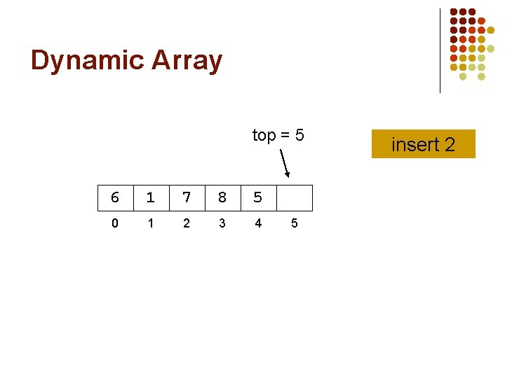 Dynamic Array top = 5 6 1 7 8 5 0 1 2 3 Dynamic Array top = 5 6 1 7 8 5 0 1 2 3