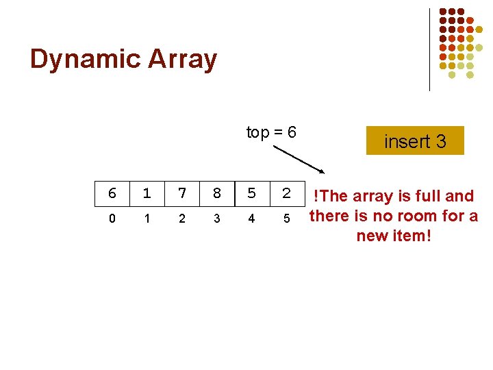 Dynamic Array top = 6 6 1 7 8 5 2 0 1 2 Dynamic Array top = 6 6 1 7 8 5 2 0 1 2