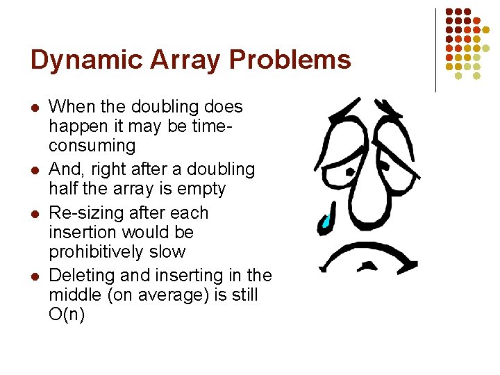 Dynamic Array Problems l l When the doubling does happen it may be timeconsuming Dynamic Array Problems l l When the doubling does happen it may be timeconsuming