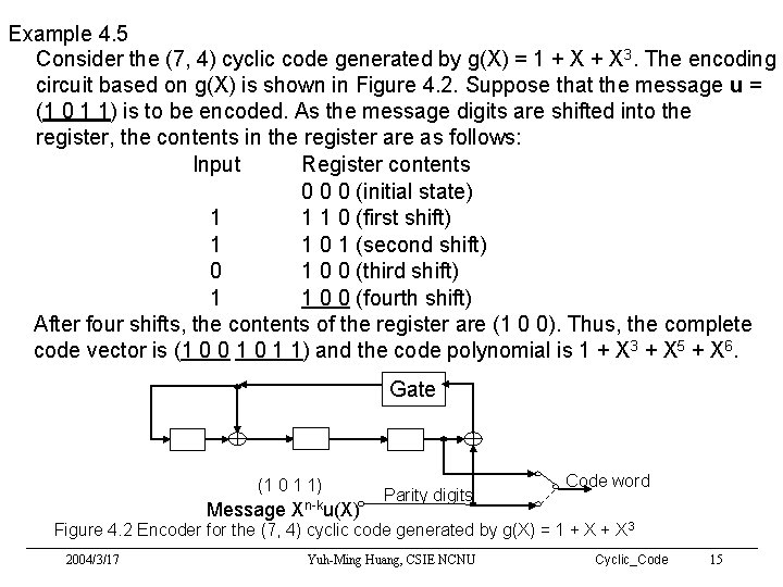 Example 4. 5 Consider the (7, 4) cyclic code generated by g(X) = 1 Example 4. 5 Consider the (7, 4) cyclic code generated by g(X) = 1