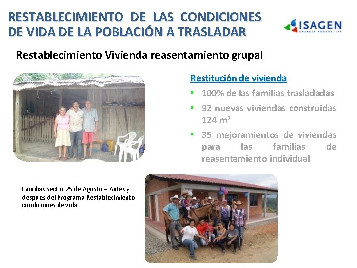 RESTABLECIMIENTO DE LAS CONDICIONES DE VIDA DE LA POBLACIÓN A TRASLADAR Restablecimiento Vivienda reasentamiento RESTABLECIMIENTO DE LAS CONDICIONES DE VIDA DE LA POBLACIÓN A TRASLADAR Restablecimiento Vivienda reasentamiento