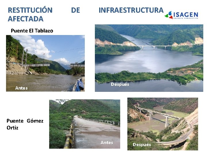 RESTITUCIÓN AFECTADA DE INFRAESTRUCTURA Puente El Tablazo Antes Después Puente Gómez Ortiz Antes Después RESTITUCIÓN AFECTADA DE INFRAESTRUCTURA Puente El Tablazo Antes Después Puente Gómez Ortiz Antes Después