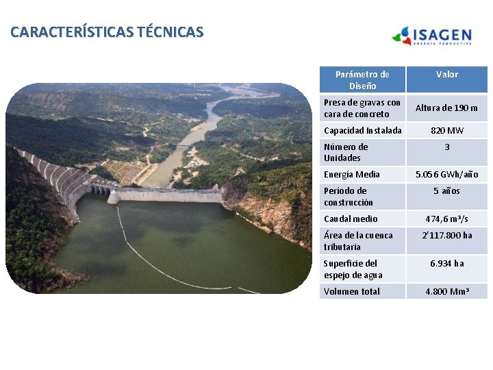 CARACTERÍSTICAS TÉCNICAS Parámetro de Diseño Valor Presa de gravas con cara de concreto Altura CARACTERÍSTICAS TÉCNICAS Parámetro de Diseño Valor Presa de gravas con cara de concreto Altura
