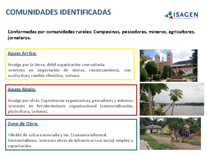 COMUNIDADES IDENTIFICADAS Conformadas por comunidades rurales: Campesinos, pescadores, mineros, agricultores, jornaleros. Aguas Arriba: Arraigo COMUNIDADES IDENTIFICADAS Conformadas por comunidades rurales: Campesinos, pescadores, mineros, agricultores, jornaleros. Aguas Arriba: Arraigo