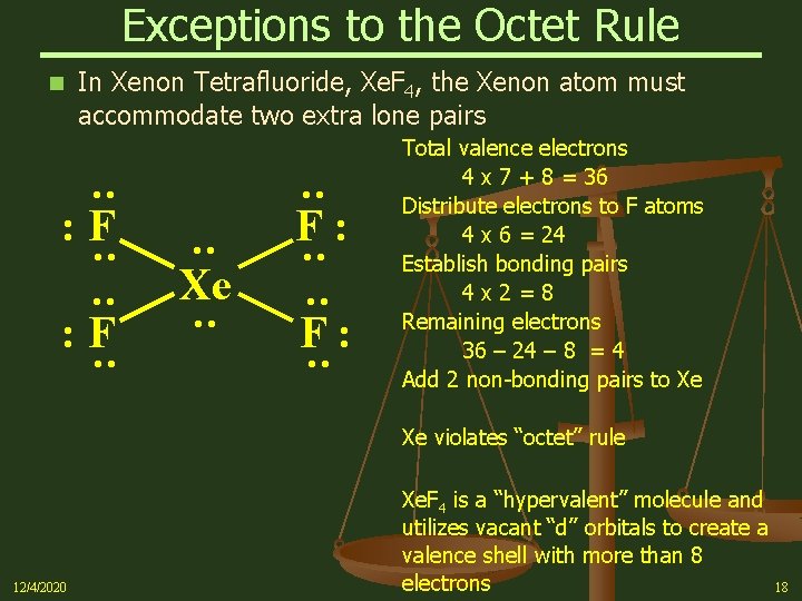 Exceptions to the Octet Rule n In Xenon Tetrafluoride, Xe. F 4, the Xenon