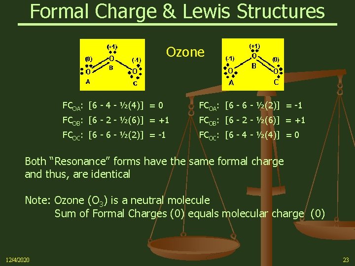Formal Charge & Lewis Structures Ozone FCOA: [6 - 4 - ½(4)] = 0