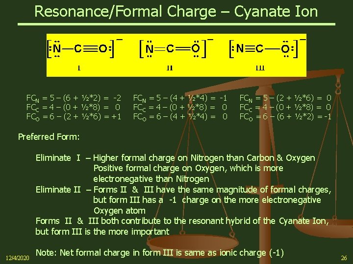 Resonance/Formal Charge – Cyanate Ion FCN = 5 – (6 + ½*2) = -2
