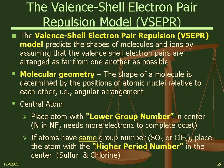 The Valence-Shell Electron Pair Repulsion Model (VSEPR) n The Valence-Shell Electron Pair Repulsion (VSEPR)