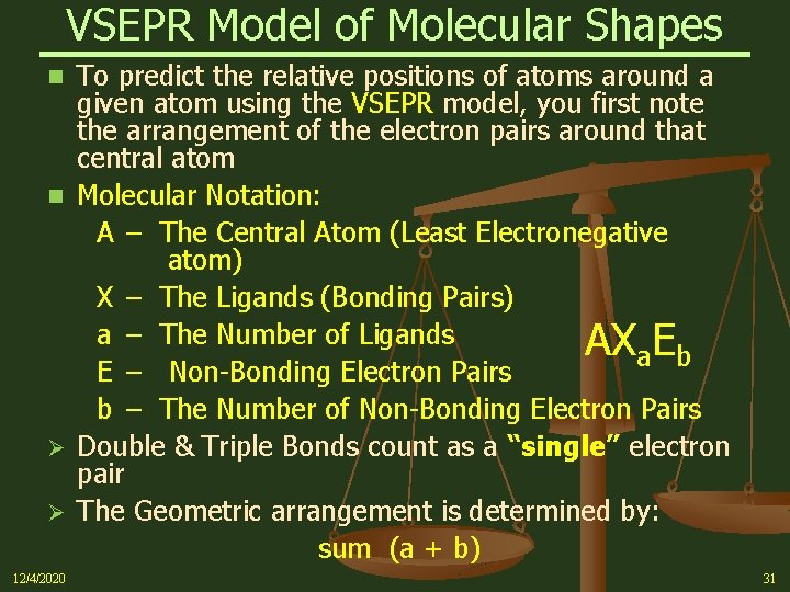 VSEPR Model of Molecular Shapes To predict the relative positions of atoms around a