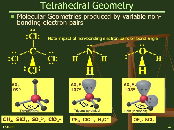 Tetrahedral Geometry n Molecular Geometries produced by variable nonbonding electron pairs : H AX