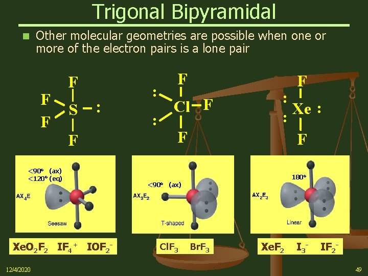 Trigonal Bipyramidal n Other molecular geometries are possible when one or more of the