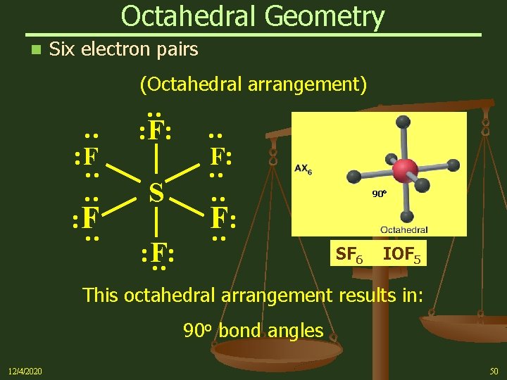 Octahedral Geometry n Six electron pairs (Octahedral arrangement) : : : S : :