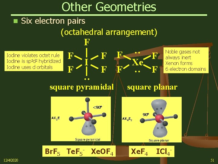 Other Geometries n Six electron pairs (octahedral arrangement) F I F F Xe F