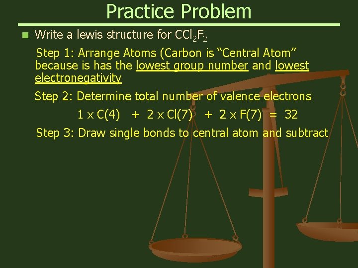 Practice Problem n Write a lewis structure for CCl 2 F 2 Step 1: