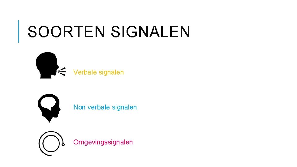 SOORTEN SIGNALEN Verbale signalen Non verbale signalen Omgevingssignalen 