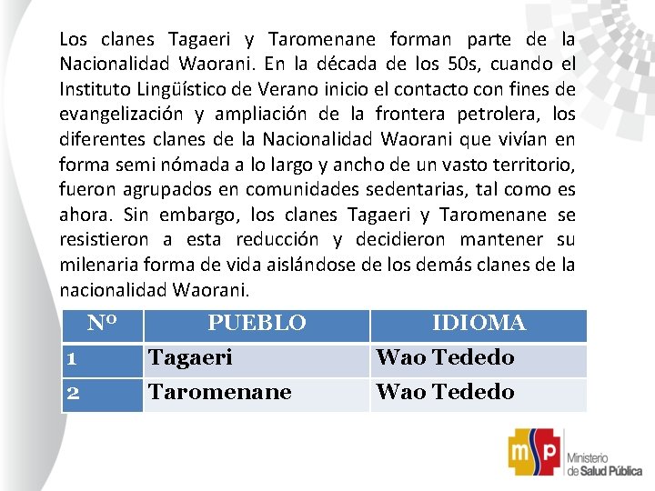 Los clanes Tagaeri y Taromenane forman parte de la Nacionalidad Waorani. En la década