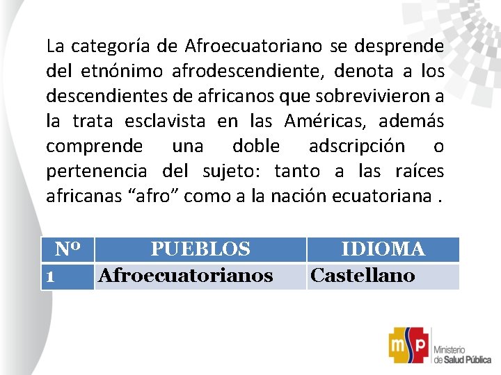 La categoría de Afroecuatoriano se desprende del etnónimo afrodescendiente, denota a los descendientes de