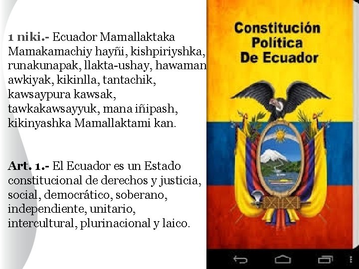 1 niki. - Ecuador Mamallaktaka Mamakamachiy hayñi, kishpiriyshka, runakunapak, llakta-ushay, hawaman awkiyak, kikinlla, tantachik,