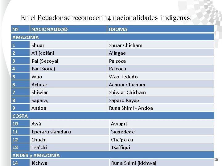 En el Ecuador se reconocen 14 nacionalidades indígenas: Nº NACIONALIDAD AMAZONÍA 1 Shuar 2