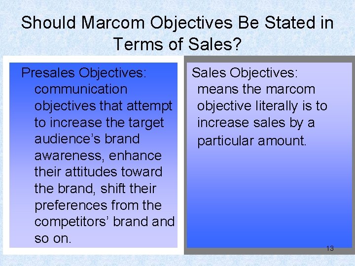 Should Marcom Objectives Be Stated in Terms of Sales? Presales Objectives: communication objectives that