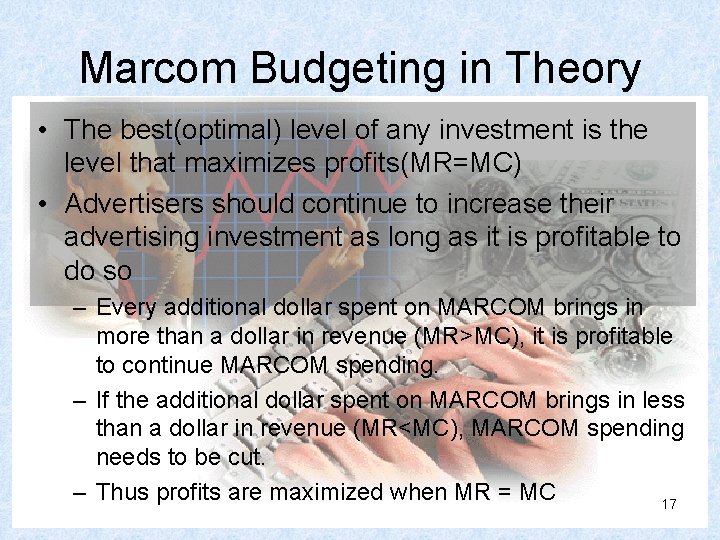Marcom Budgeting in Theory • The best(optimal) level of any investment is the level