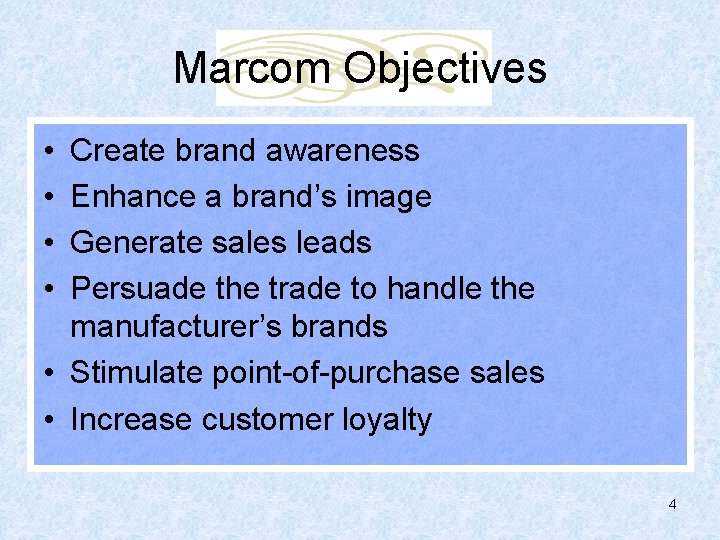Marcom Objectives • • Create brand awareness Enhance a brand’s image Generate sales leads