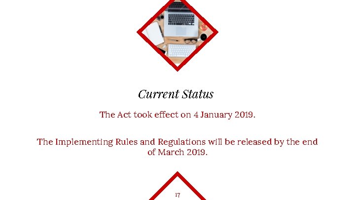 Current Status The Act took effect on 4 January 2019. The Implementing Rules and